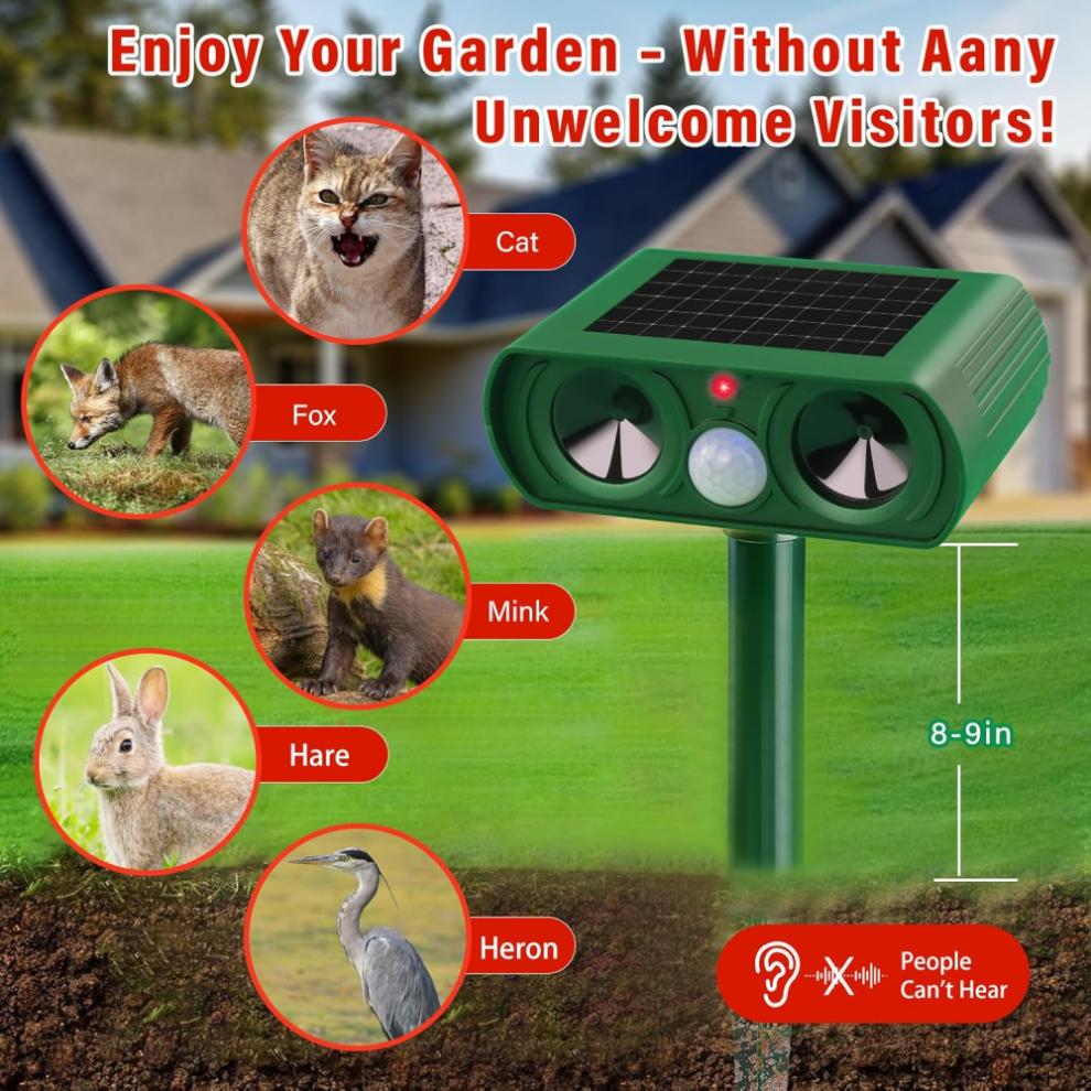 Humane Animal Repeller for Yard Security, Motion Activated Ultrasonic Animal Repellent with Solar Powered Charging, Outdoor Animal Repeller Featuring
