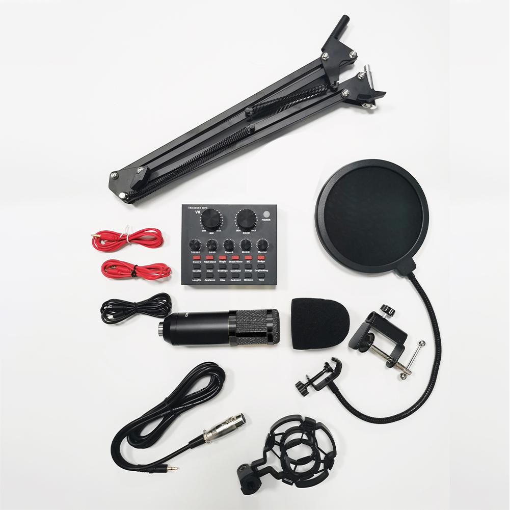 Podcast Equipment Bundle with BM800 Microphone and V8 Sound Card Double-Layer Pop Filter for Windows Gaming Live Streaming