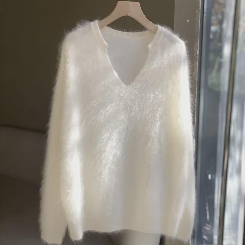 Женский свитер из желтого мохера Goose Mohair на осень и зиму - мягкий, высококачественный флис норки, уютный ленивый стиль