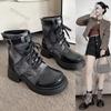 Женские ботинки 2024 года, осенний новый тренд, теплые ботинки в стиле ретро, тканевые, с круглым носком, на шнуровке, на толстой подошве, увеличивающие рост, с ремнем и пряжкой, ботильоны