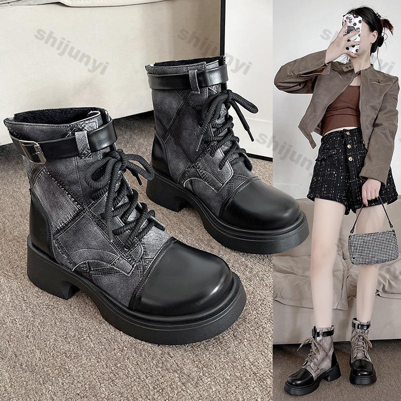 Женские ботинки 2024 года, осенний новый тренд, теплые ботинки в стиле ретро, тканевые, с круглым носком, на шнуровке, на толстой подошве, увеличивающие рост, с ремнем и пряжкой, ботильоны