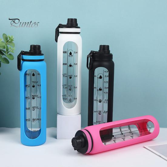 Стеклянная бутылка для воды с силиконовым чехлом и маркером времени 1000 мл, герметичная боросиликатная чашка для воды для спорта, фитнеса, офиса, горячих и холодных напитков без BPA, подарок