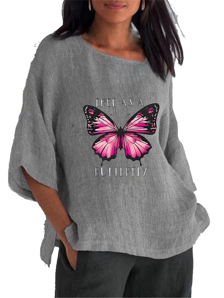 Women Fashion O Neck Print Shirt Spring&summer 3/4 Long Sleeved Top Ladies Cotton Linen Blouse