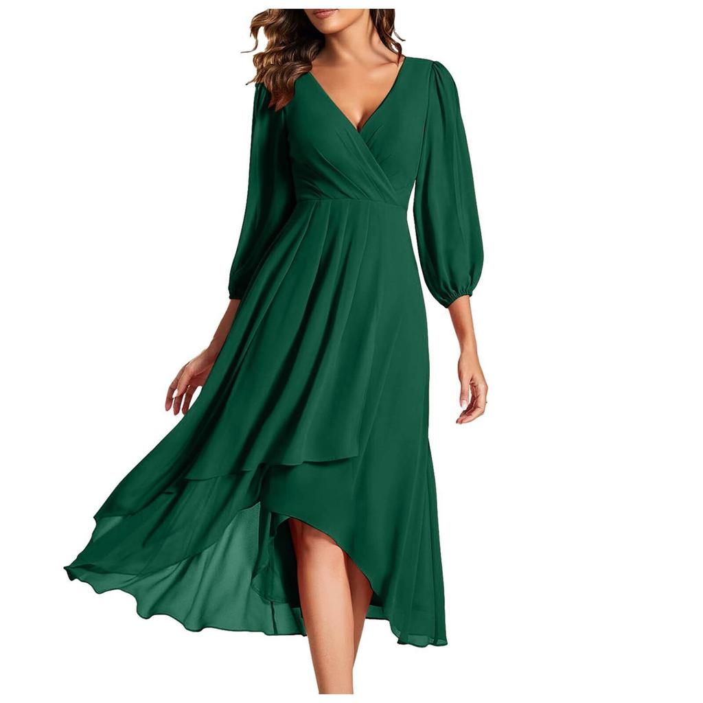 Women's Fashion V-Neck Long Sleeve Loose Slim Evening Casual Chiffon Dresses