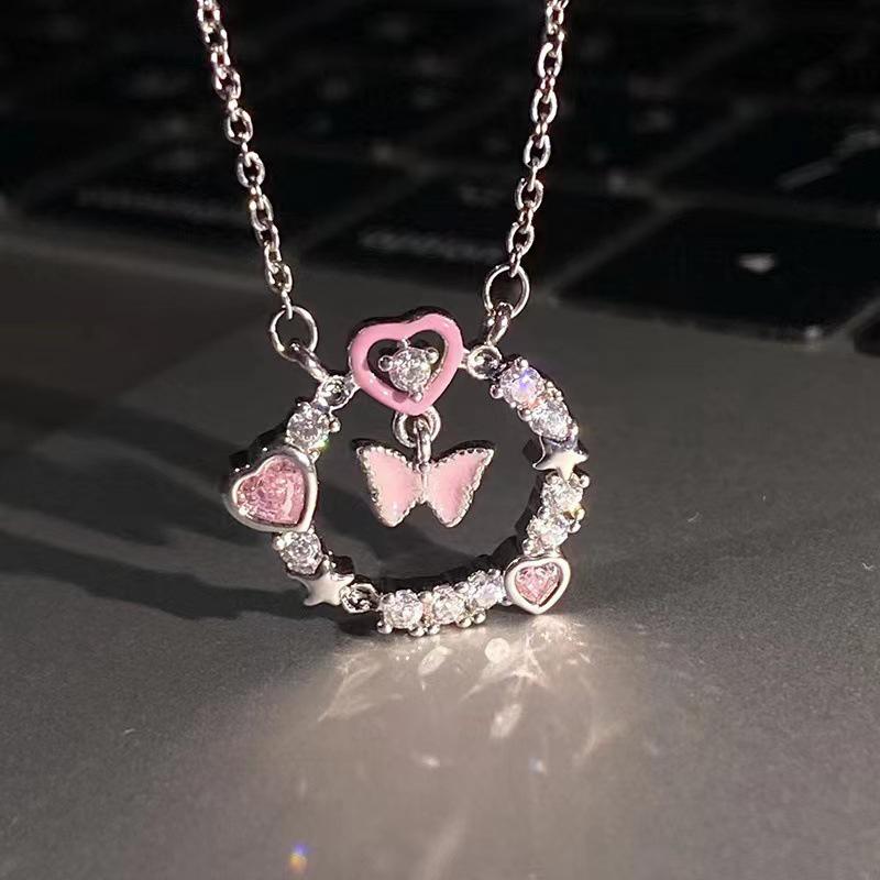 Light Luxury Shiny Zircon Butterfly Pink Heart Necklace For Women Exquisite Round Pendant Clavicle Chain Girl Party Jewelry Gift