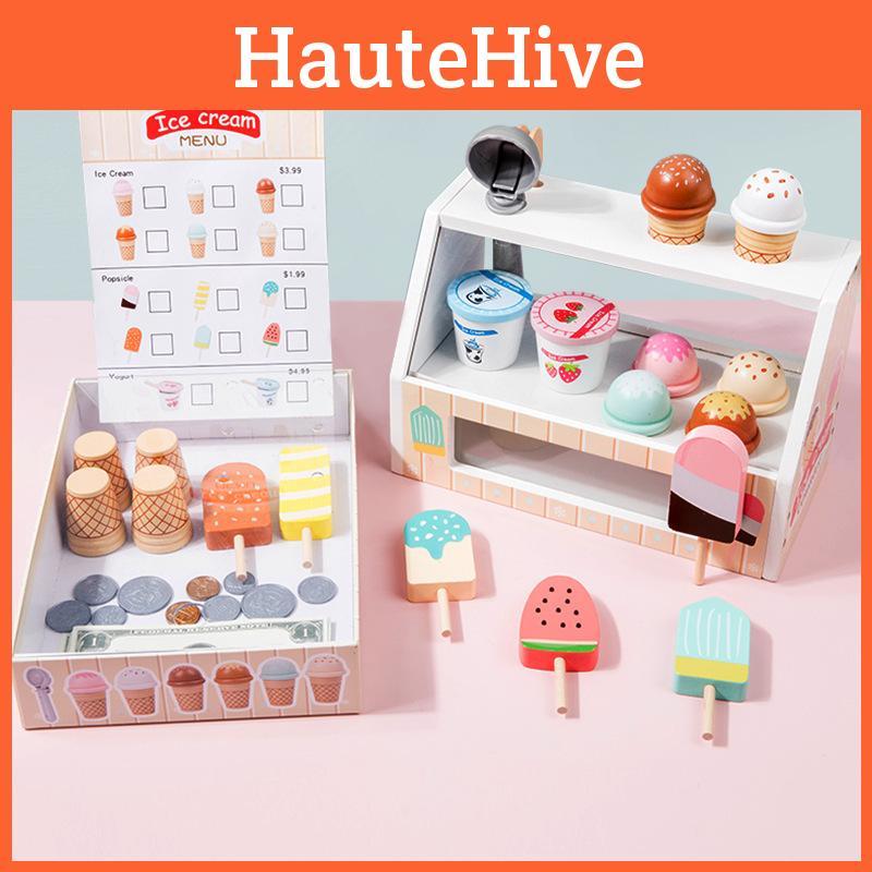 Cream Wooden Ice Stand Toy With Cash Register And Fruit Accessories Playtime For