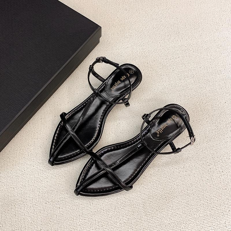 Lambskin~ Leather pointed cross thin strap open-toed sandals women's summer new one-button beach shoes niche sandals