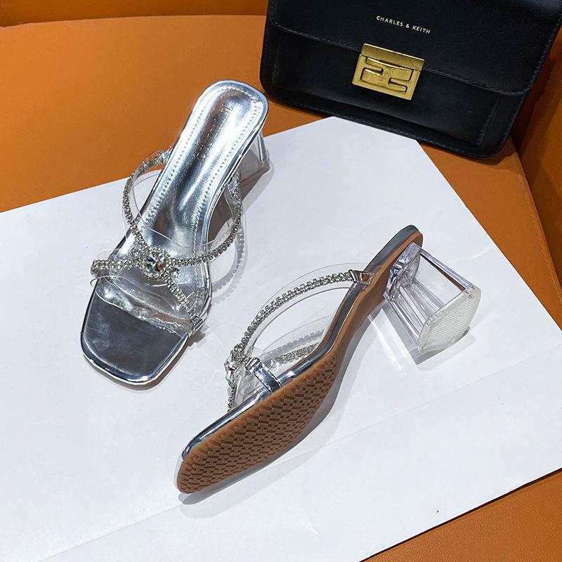 Сказочно красивые серебряные туфли со стразами и прозрачным хрустальным каблуком, с открытым носком, модные женские туфли на каблуке, универсальные, весна-лето 2025, новые модели