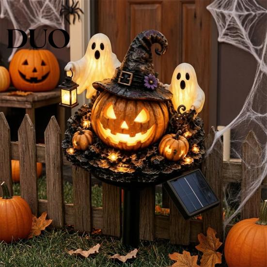 Creative Halloween Gifts Solar Pumpkin Garden Stake Light, Waterproof LED Yard Decoration with Light Wizard Hat And Ghost, Outdoor Walkway Patio Lawn