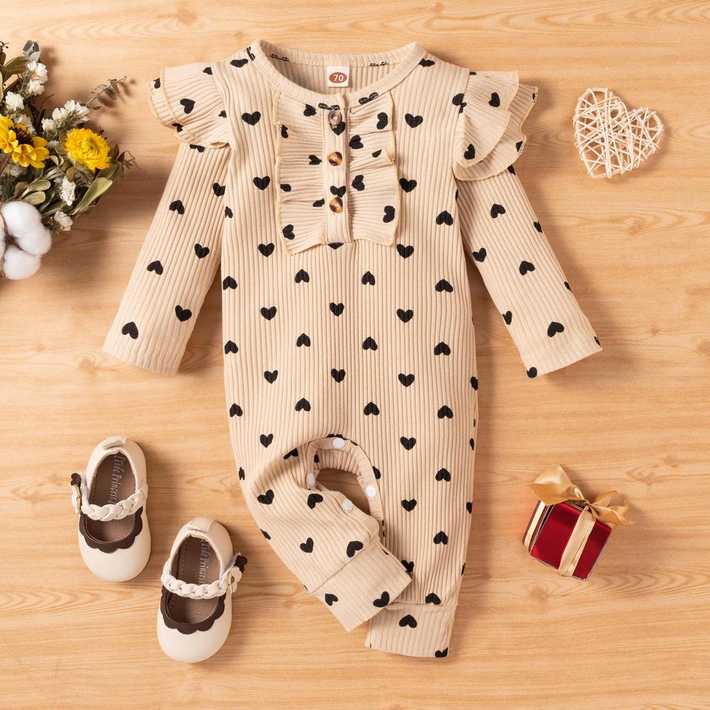 Girls' Cotton Ribbed Heart Print Bodysuit - Spring/Autumn Style