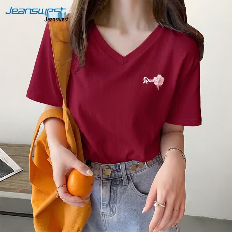 Женская хлопковая футболка с коротким рукавом и V-образным вырезом Jeanswest