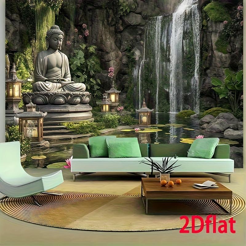 2D Flat 1pc Buddha Meditation Garden Tapestry Waterfall Lotus Pond Zen Living Room Wall Art Decor
