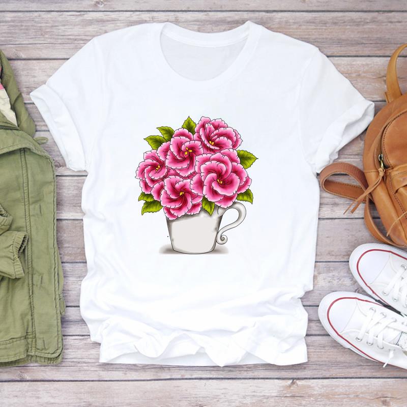 (Азиатский размер) Футболка с цветочным принтом и круглым вырезом, модная футболка, женская одежда, повседневная женская футболка с коротким рукавом и принтом, женская футболка с графикой