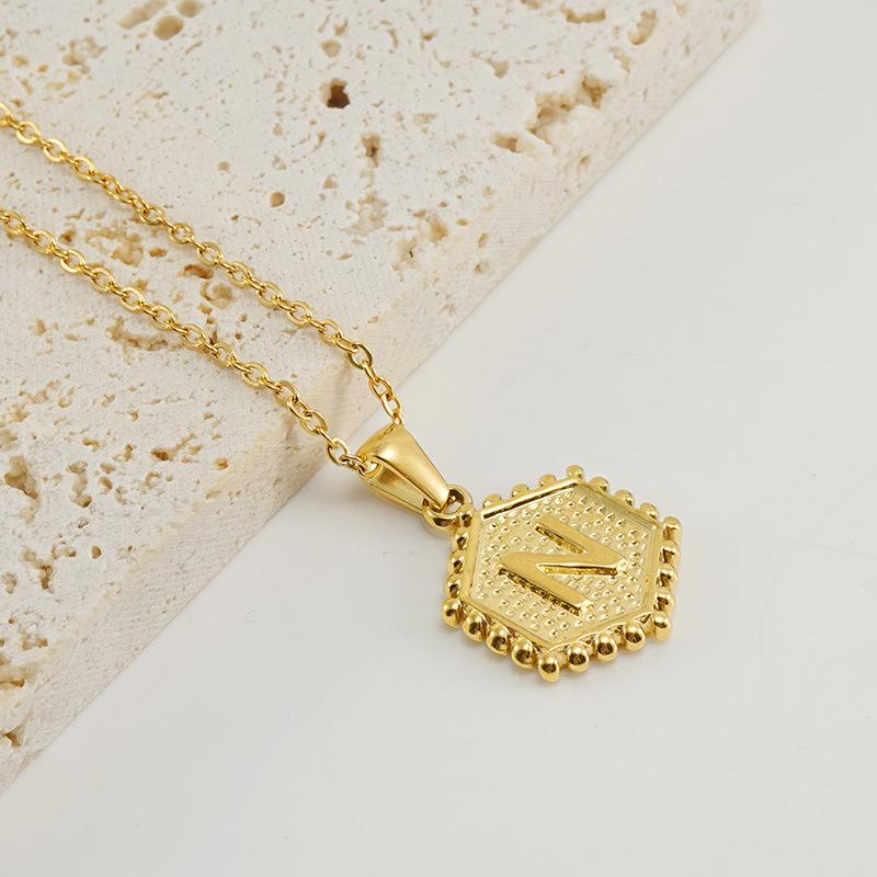 New Fashion Titanium Steel Hexagonal Letter Pendant Stainless Steel 26 English Letter Necklace Female
