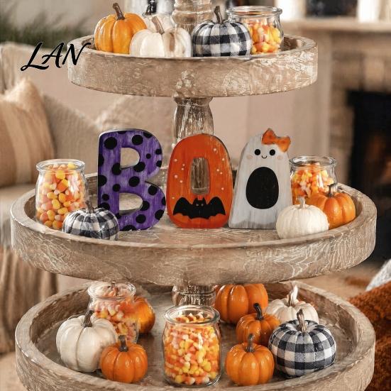 Playful Halloween Desktop Decorations Wooden BOO Ornaments, Lettering Decorations, Rustic Bat Pumpkin Ghost Themed Wood Crafts Table Signs for