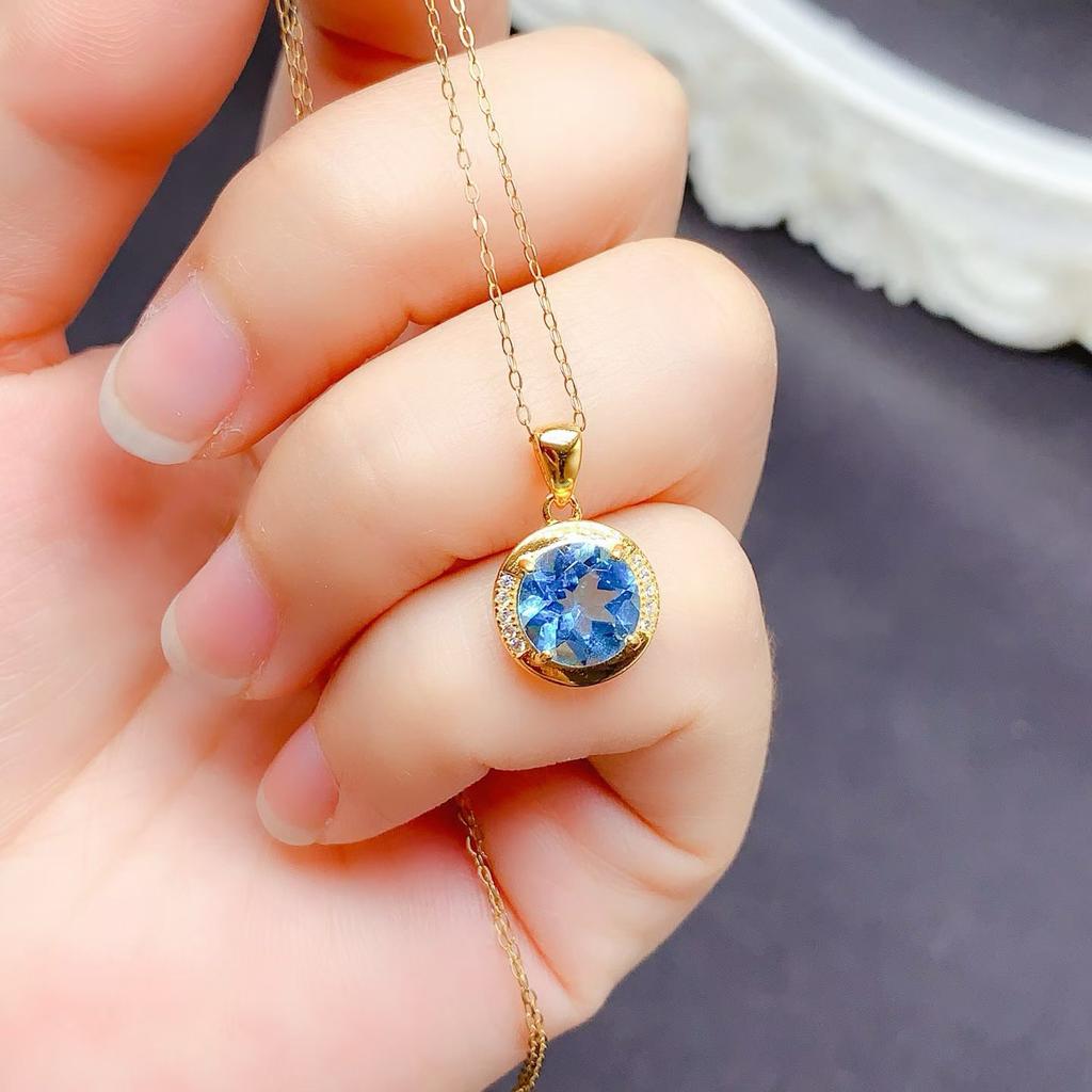 925 Sterling Silver Plated Blue Topaz Fashionable Bohemian Style Anniversary Commemorative Women's Exquisite Pendant Necklace