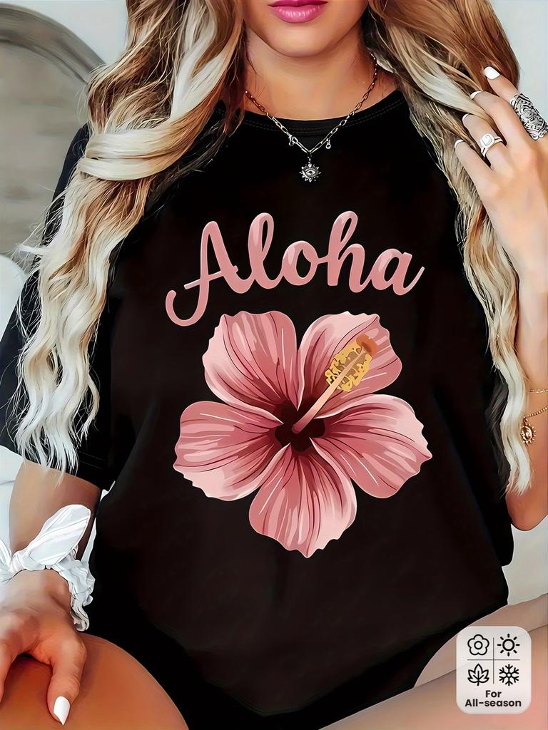 Aloha Hawaiian Hibiscus Flower Print Women T Shirt Casual Short Sleeve O-neck Summer Beach Oversized Tops Women Tropical Tops