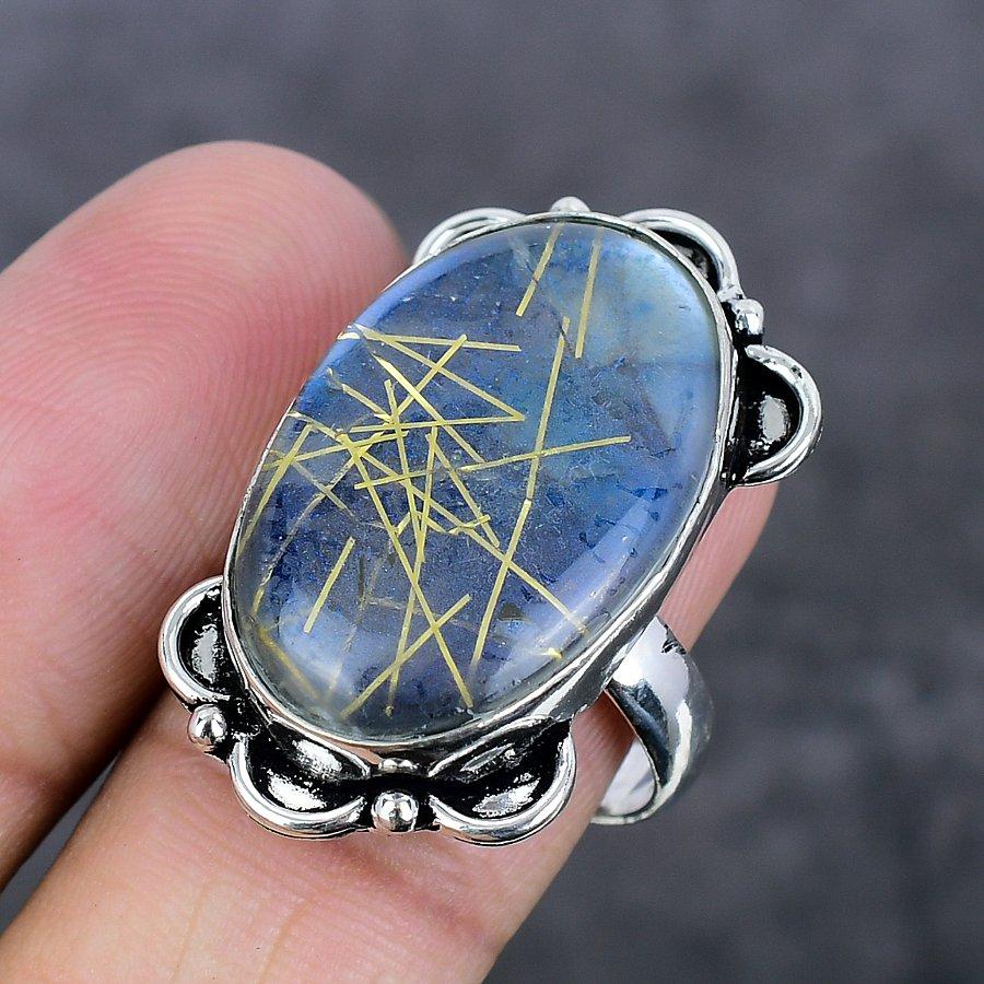 Кольцо из стерлингового серебра 925 пробы с натуральным золотым рутилом, размер 9 Z6f52