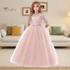Платье принцессы для девочек с цветочным кружевом и половиной рукавов с круглым вырезом и бантом, элегантное детское пышное тюлевое длинное платье макси, свадебное торжество, вечеринка, выпускной, торжественный бал