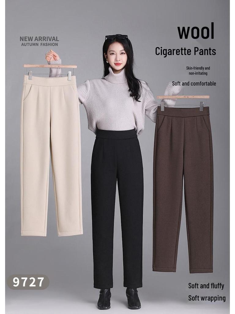 Женские черные кашемировые брюки с флисовой подкладкой, с высокой посадкой и широкими штанинами: Похудение, Универсальный, Зимняя повседневная одежда