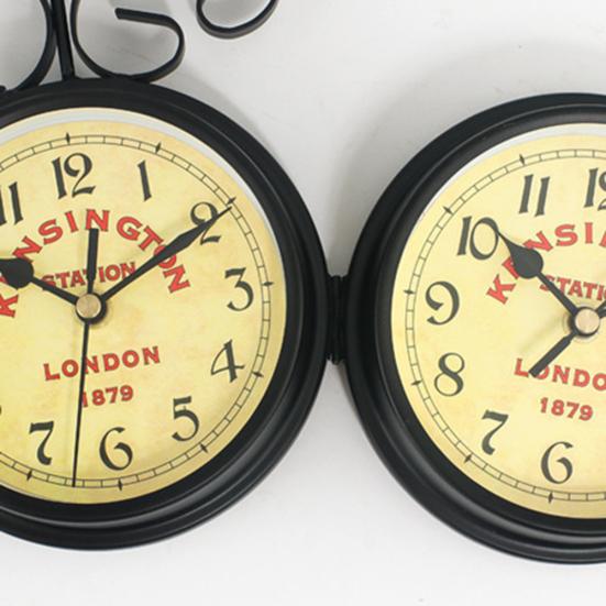 Retro Double Sided Iron Wall Bracket Clock Office Home Living Room Decoration