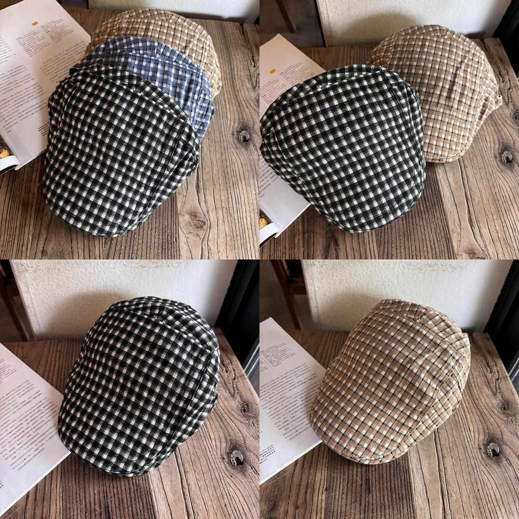 Checkered Pattern Retro Beret Hat For Women Breathable Sunshade Headwear Gift