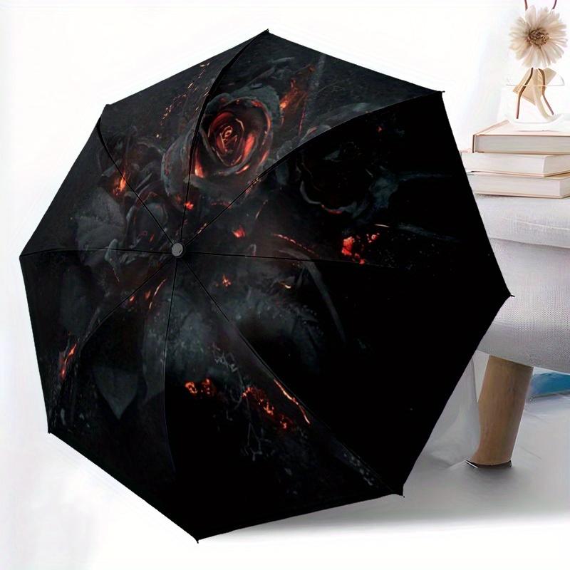 Black Rose Pattern New Automatic Folding Umbrella, 1pc Portable Travel Umbrella with Compact Design for Men and Women - Perfec