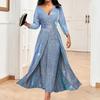 Women Double Side Sequins Gown Jumpsuit Deep High Waist V-neck Long Sleeve Sexy Romper Large Hem Banquet Playsuit
