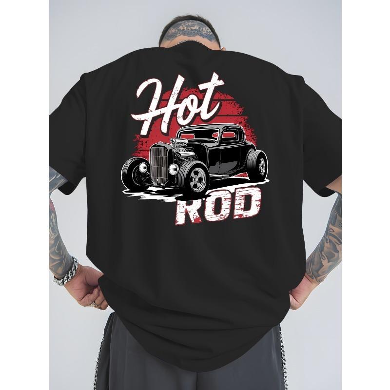 Мужская футболка с принтом Hot Rod Car, европейский размер - Винтажный автомобильный дизайн с смелой надписью, Свободный крой, Дышащая летняя спортивная одежда, Комфортная ткань