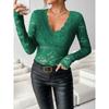 Women's Elegant V-neck Scalloped Neck Edge Solid Colour Long Sleeve Slim Slim Pullover Lace Top