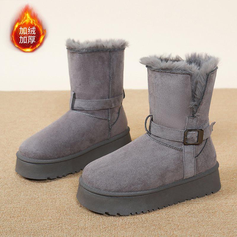 Fleece new medium tube plush cotton shoes snow boots women's thick-soled winter cotton boots two wear fur in one