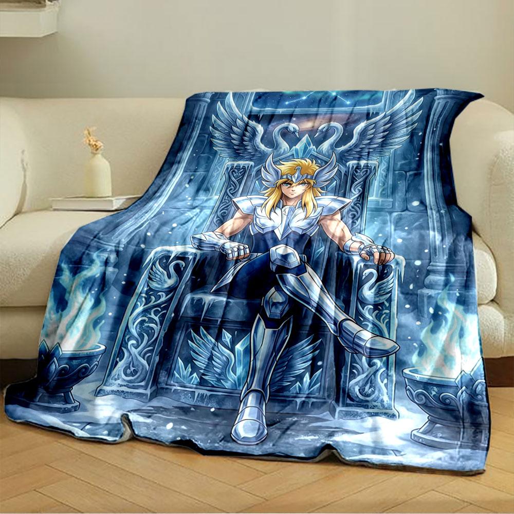 A figure in icy armor sits on a throne with wing and swan motifs. for all seasons blanket lunch break throw gift