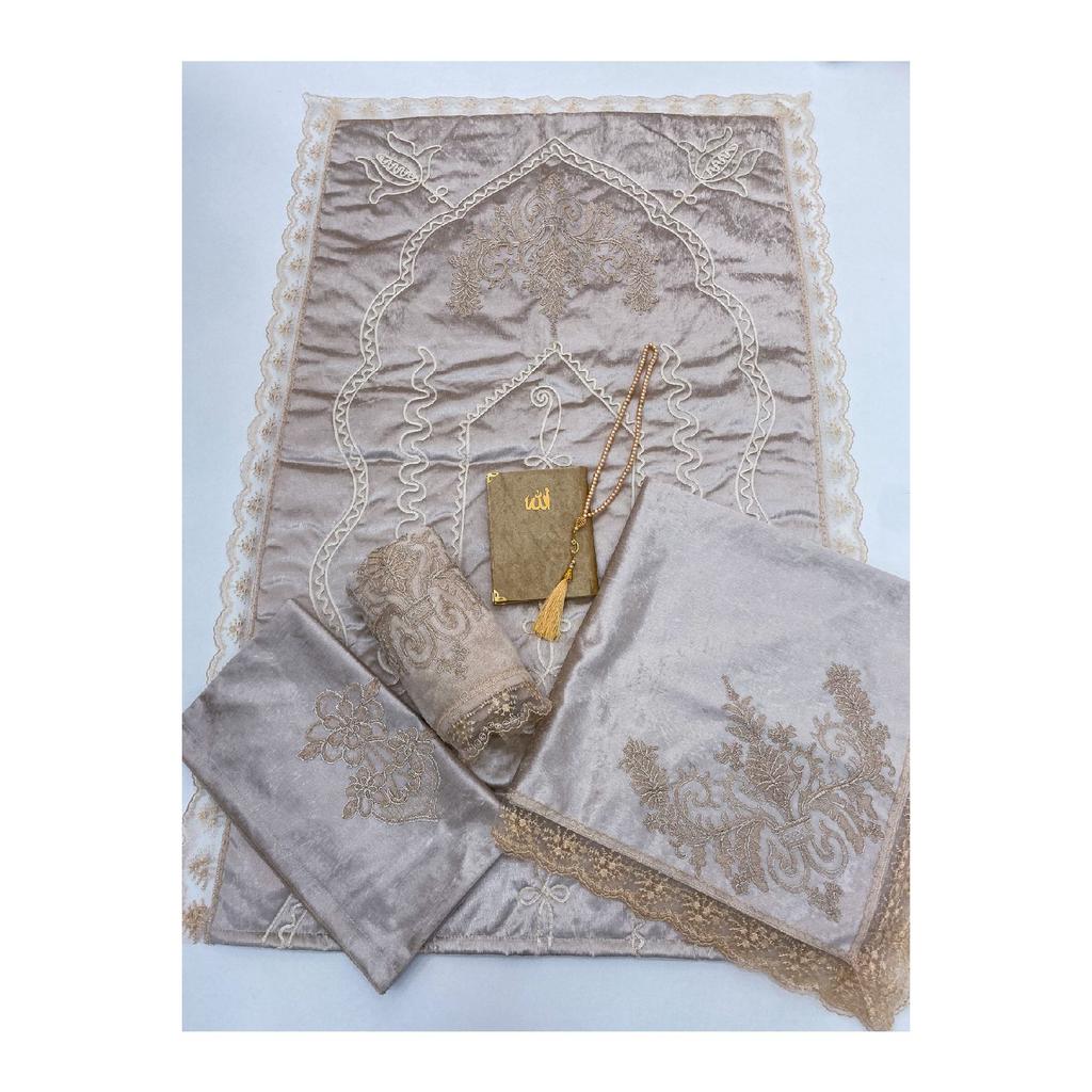 6 Piece Prayer Rug Set, Dowry Bundle Boxed, Velvet Laced Bride And Groom Set