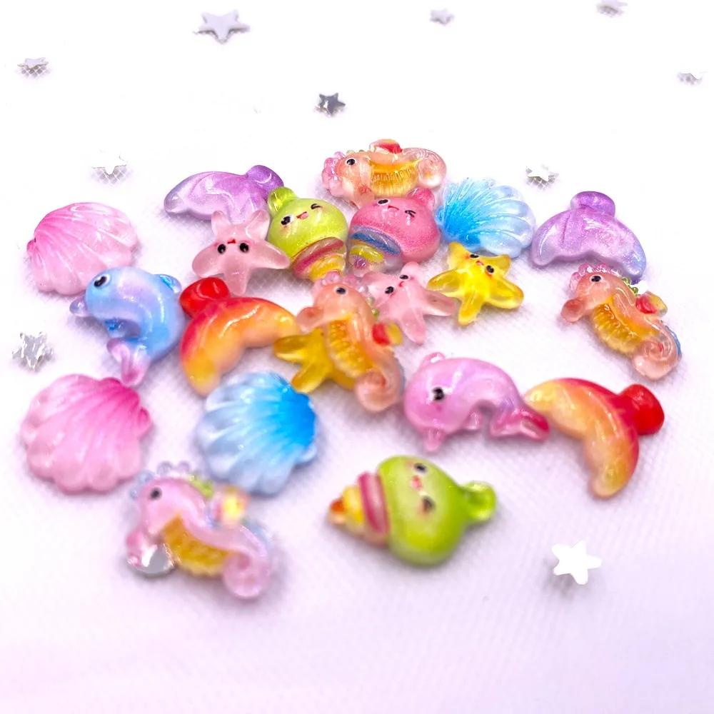 50pcs Glitter Mixed Resin Mini Colorful Mermaid Tail Shell Starfish Seahorse Conch Flatback Figurines Rhinestones Nail Art DIY Scrapbook Accessories