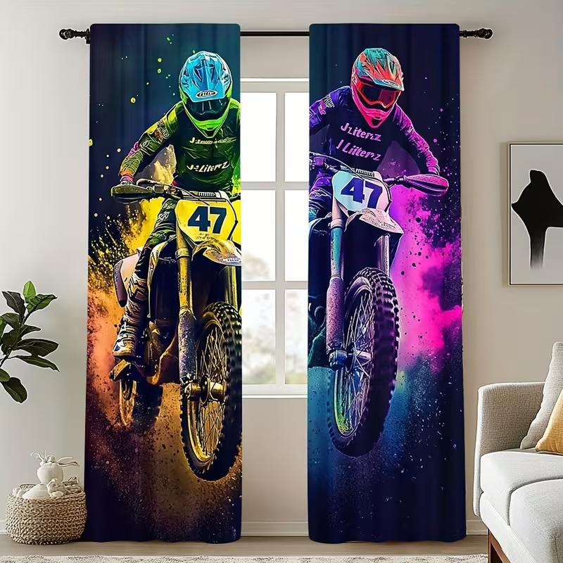 2PcsColorful motorcycle print curtains,suitable for bedroom,living room kitchen decoration,home decoration, curtains for bedroom
