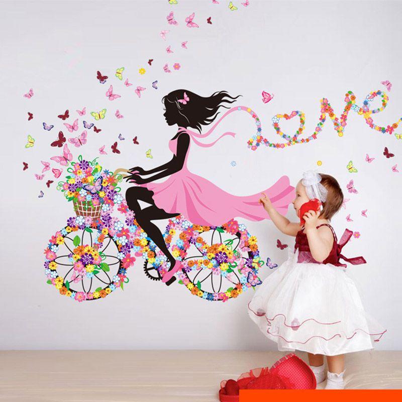Очаровательные ПВХ наклейки на стену с рисунками девочки, бабочек и цветов для детской комнаты