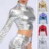 Women Club Top Glossy Faux Leather Half-high Collar Solid Color Waist-exposed Long Sleeve Skinny Pullover Elastic Nightclub Stage Show Party T-shirt