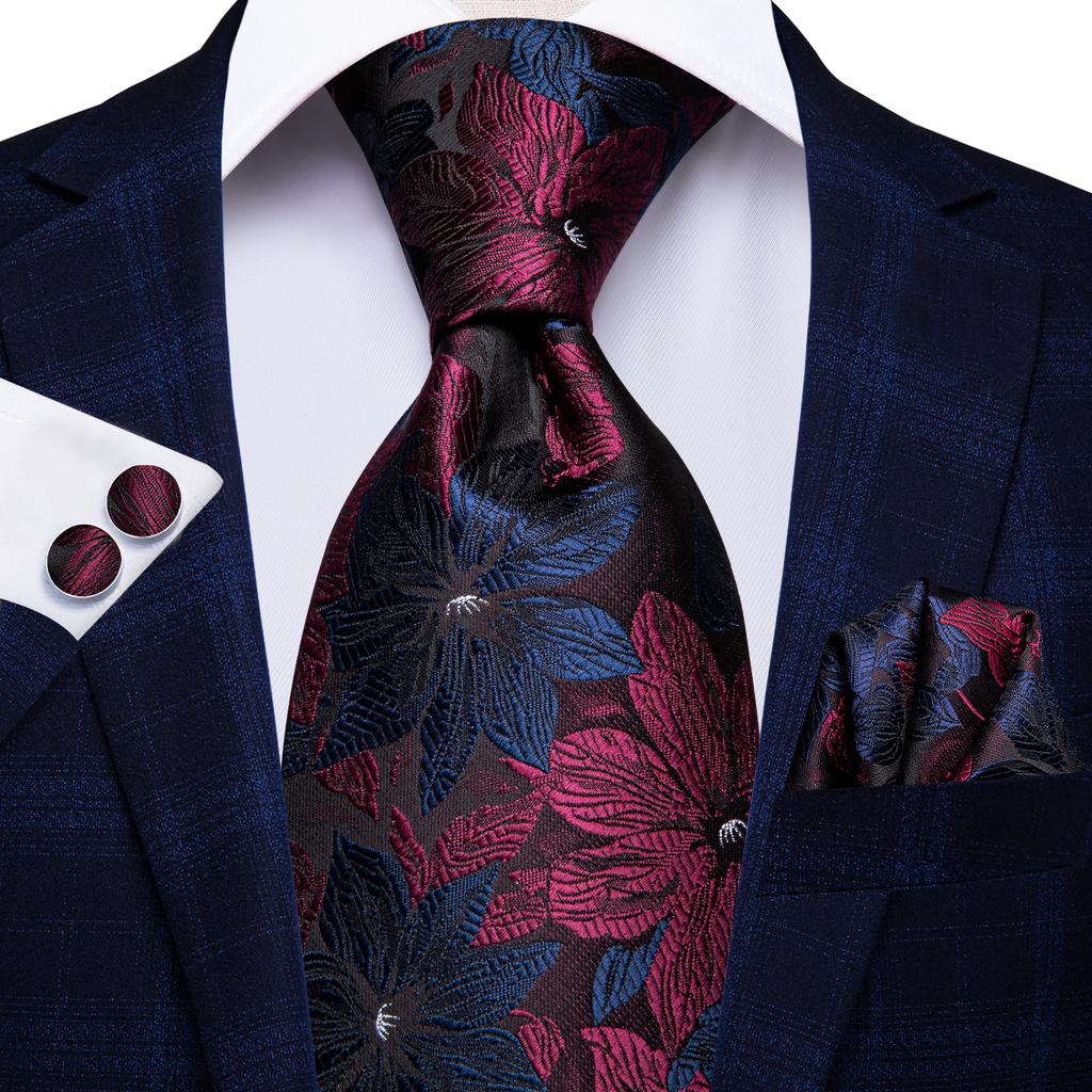Hi-Tie Fashion Mens Wine-Red Paisley Necktie Hanky Cufflinks for Business Wedding