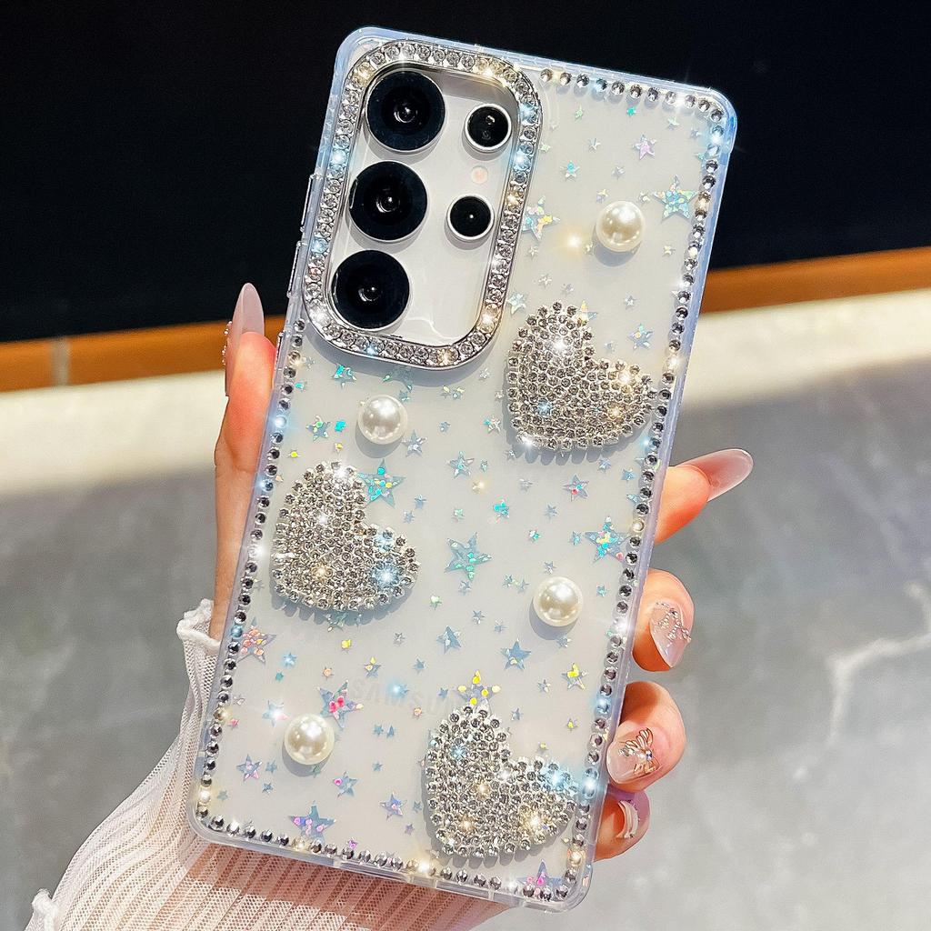 Чехол для телефона Samsung S265 Ultra со стразами и жемчужным глиттером в форме сердца, Полное покрытие для Galaxy S25 FE A57, Роскошный дизайн.