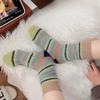 Retro Color-blocking Striped Mink Fleece Socks for Women, Mid-calf Socks for Autumn and Winter, Fleece and Thickened Couple's Long Socks