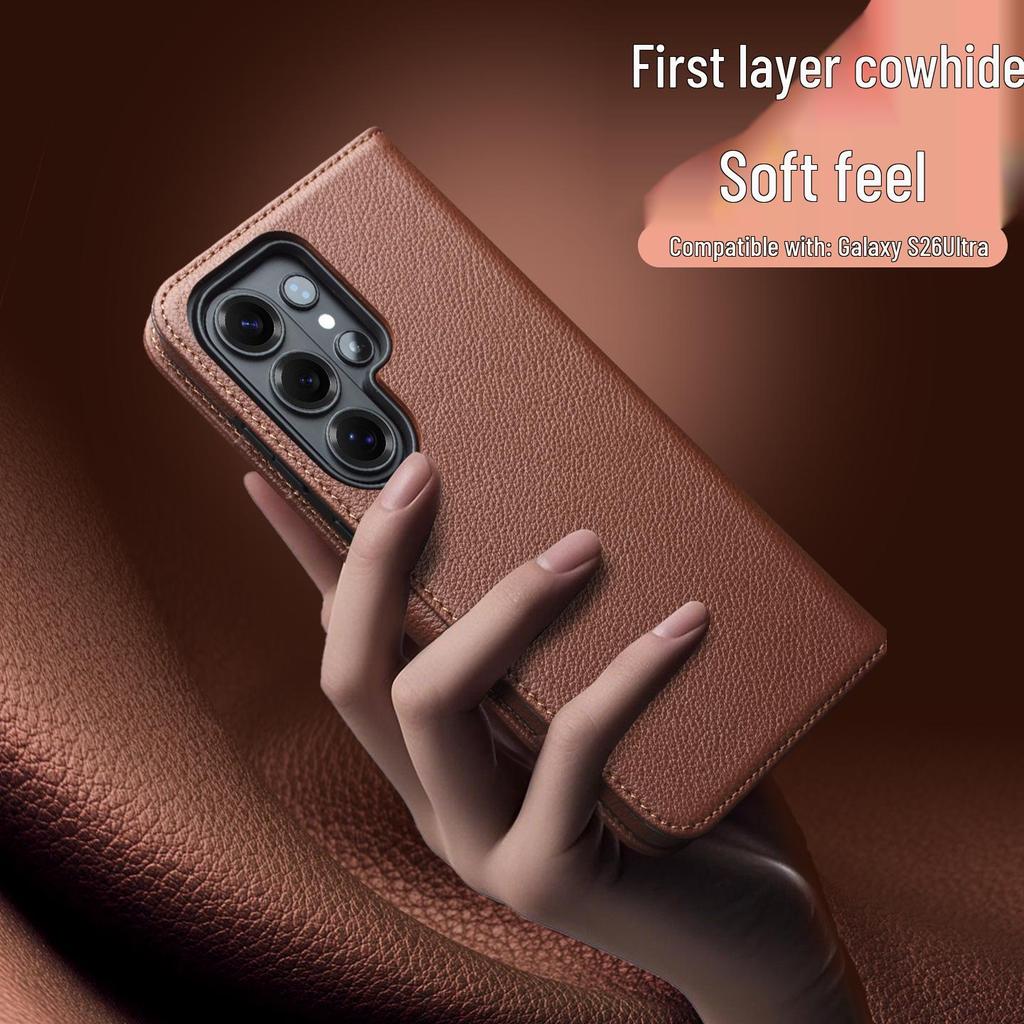 Магнитный чехол-книжка Qiali из натуральной кожи для Samsung Galaxy S26 Ultra, Защитный чехол из коровьей кожи