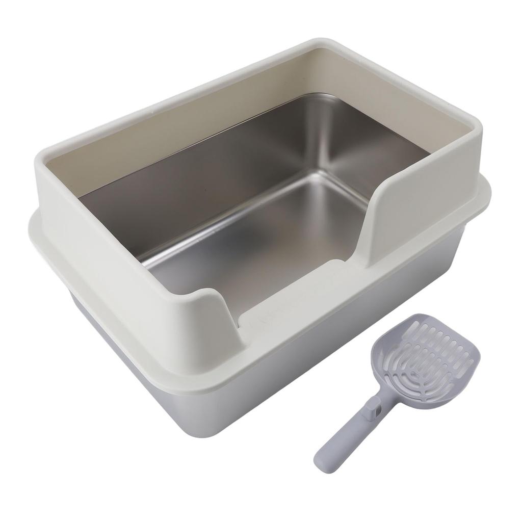 KIMISS Stainless Steel Cat Litter Box, Large Capacity, High Rim to Prevent Splashing, Open Top with Scoop, Semi-Enclosed, Metal, for Pets