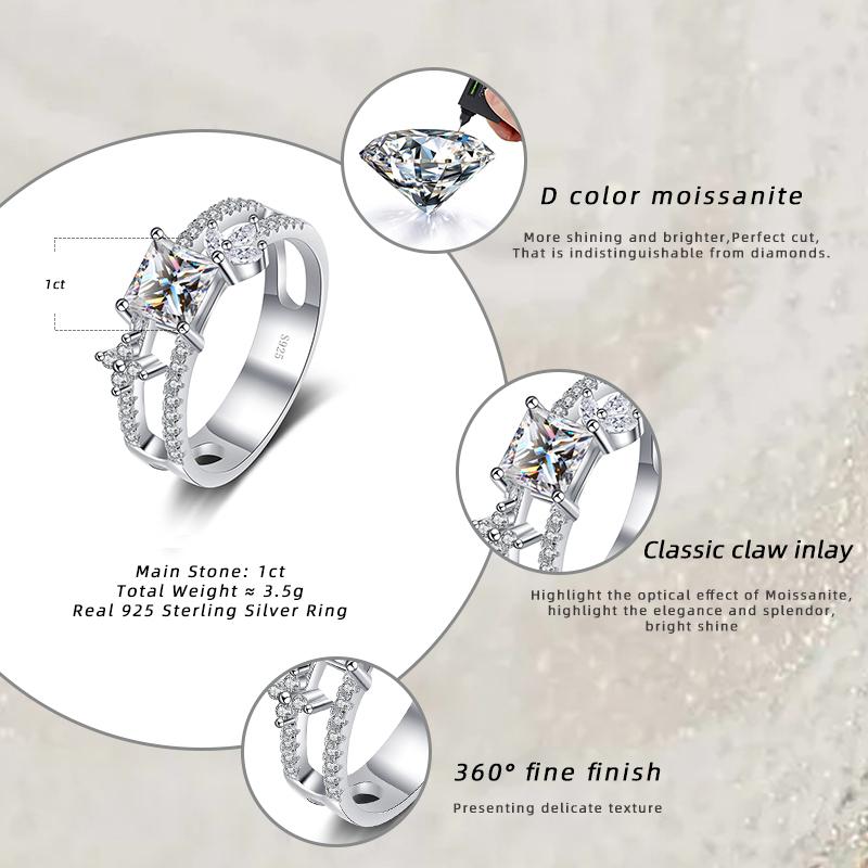 Bague Ringen Четыре когтя D Цвет 1 карат Принцесса огранка Муассанит Кольцо S925 Серебряная пластина Pt950 Платиновые украшения для женщин Свадебные украшения