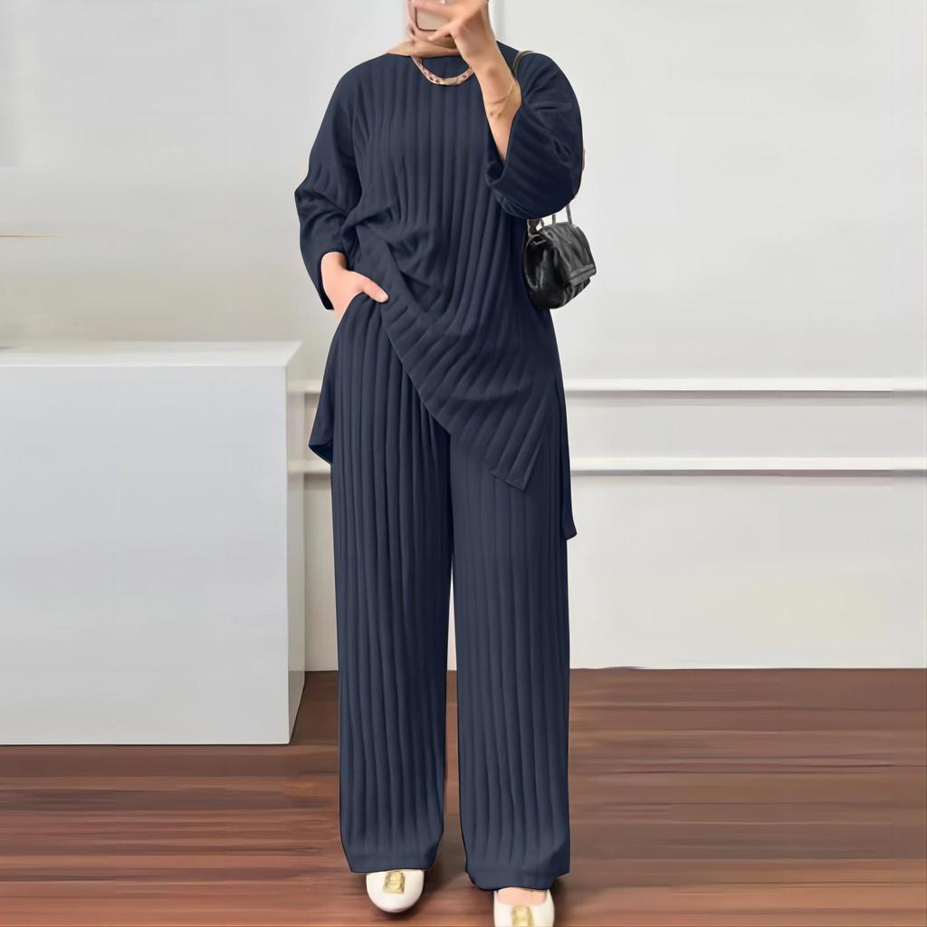 2023 Autumn/Winter Women's Long-Sleeve Top & Wide-Leg Pants Solid Color 2-Piece Casual Sportswear Set
