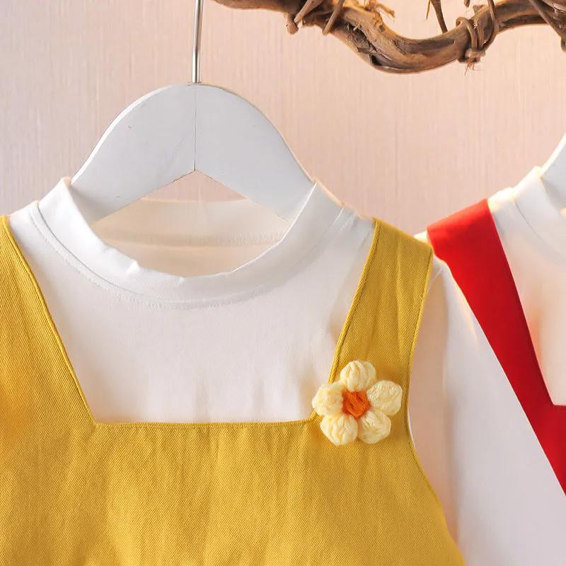 Комплект детской одежды из 2 предметов, весенне-летние костюмы для девочек, топы с длинными рукавами и принтом + юбка на подтяжках, комплект одежды