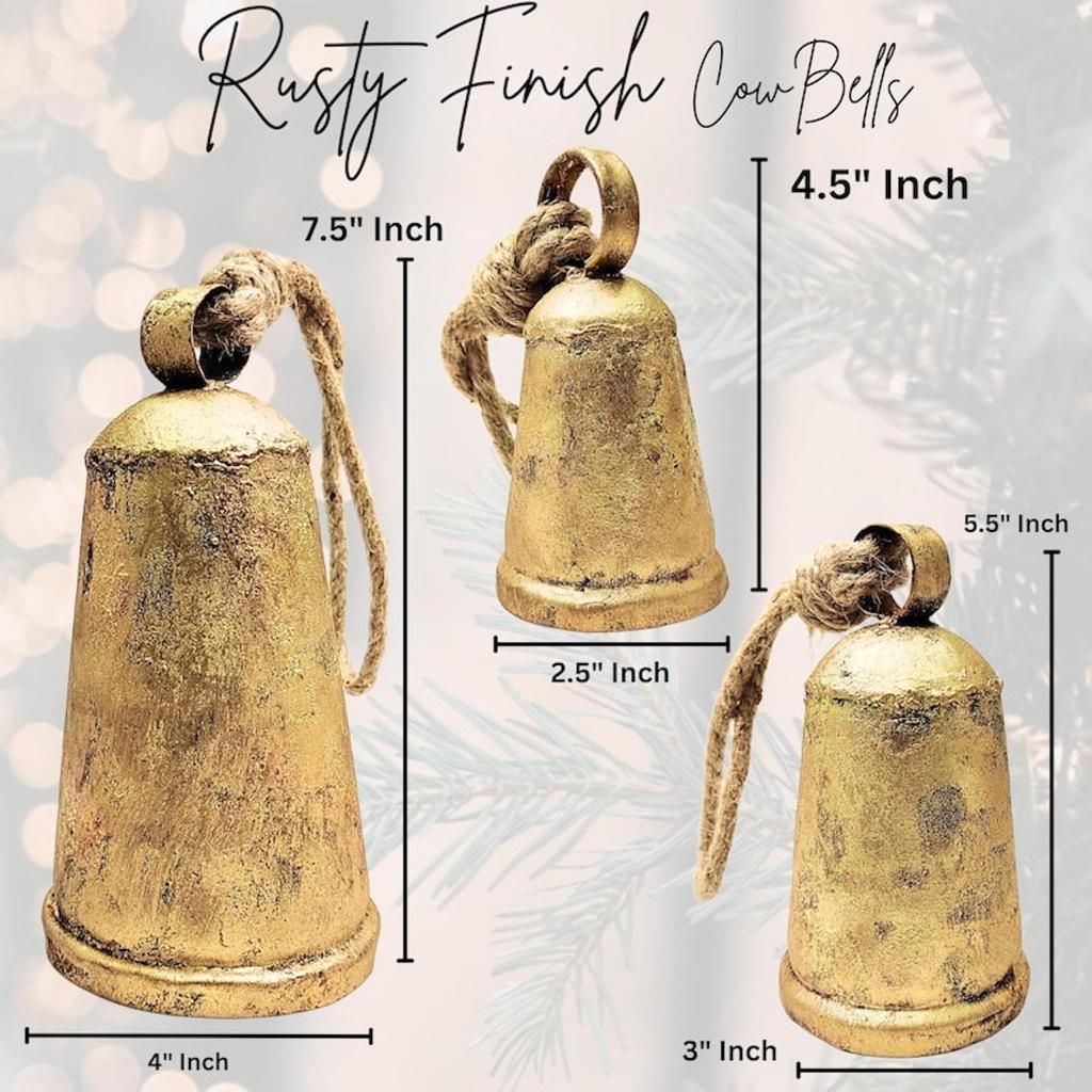 Set of 3 Large Cone Harmony Vintage Cow Bells Handmade Rustic Christmas Hanging Bell On Rope Vintage Harmony Bell Country Style Hanging Bell