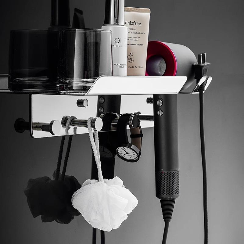 Punch-Free 304 Stainless Steel Hair Dryer Holder: Universal Wall-Mounted Rack for Hotel Bathrooms.