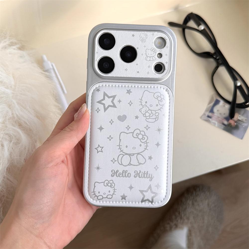 Модный Чехол из Кожи со Звездами Sanrio Hello Kitty Милый Мультяшный Узор для iPhone 17 16 15 14 13 12 11 Pro Max Подарок Девушке