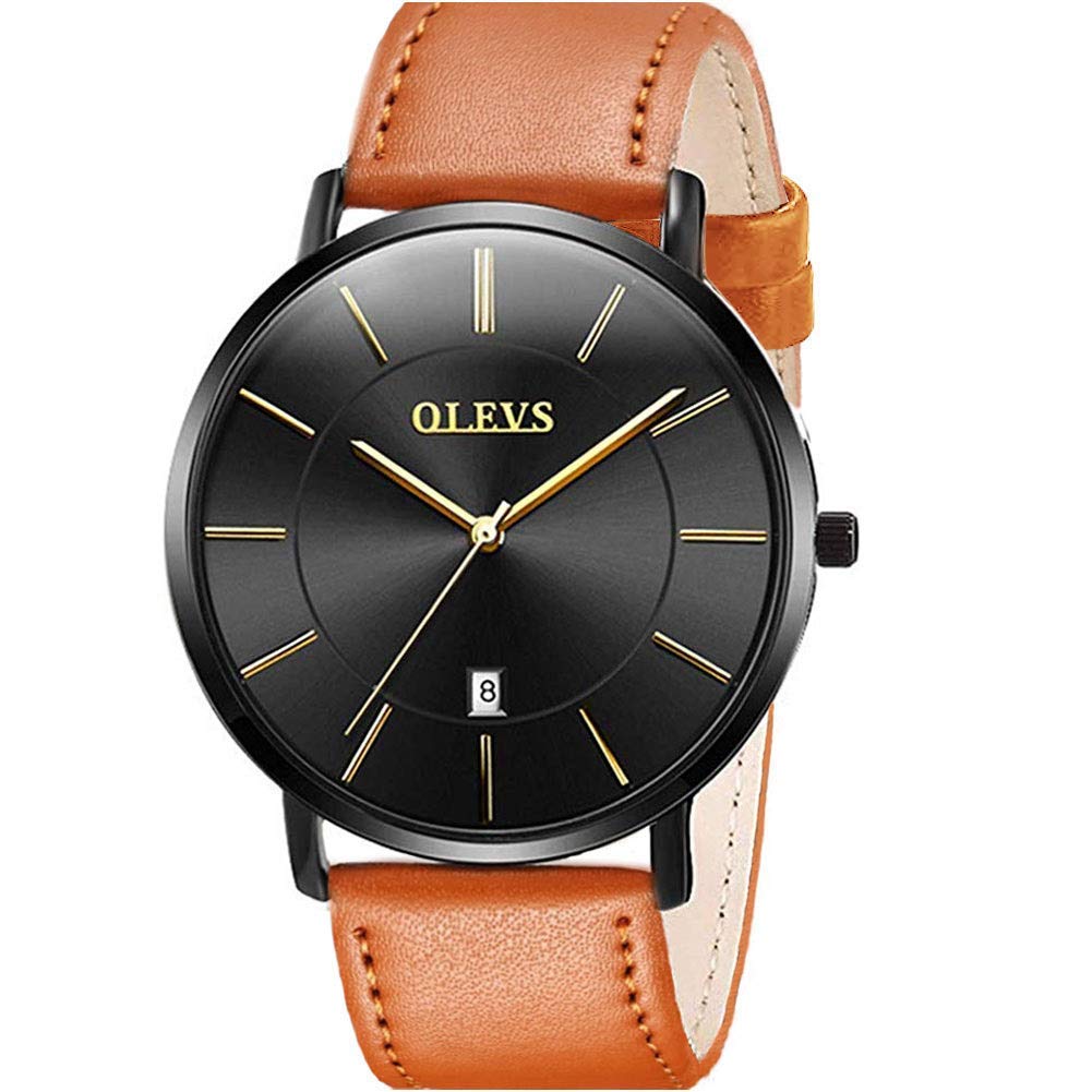 OLEVS Men's Watch, Stylish Ultra-Thin Leather Strap, Quartz Movement, Analog, Date Display, for Men