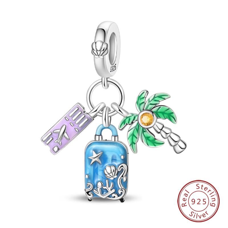 New Summer Day 925 Silver Seaside Sailboat Coconut Tree Sunglasses Camera Charms Beads Fit DIY Silver Bracelets Jewelry